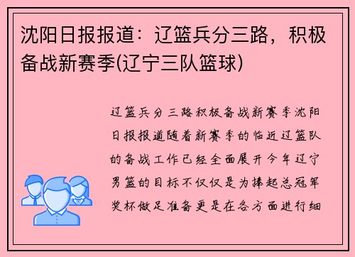 沈阳日报报道：辽篮兵分三路，积极备战新赛季(辽宁三队篮球)